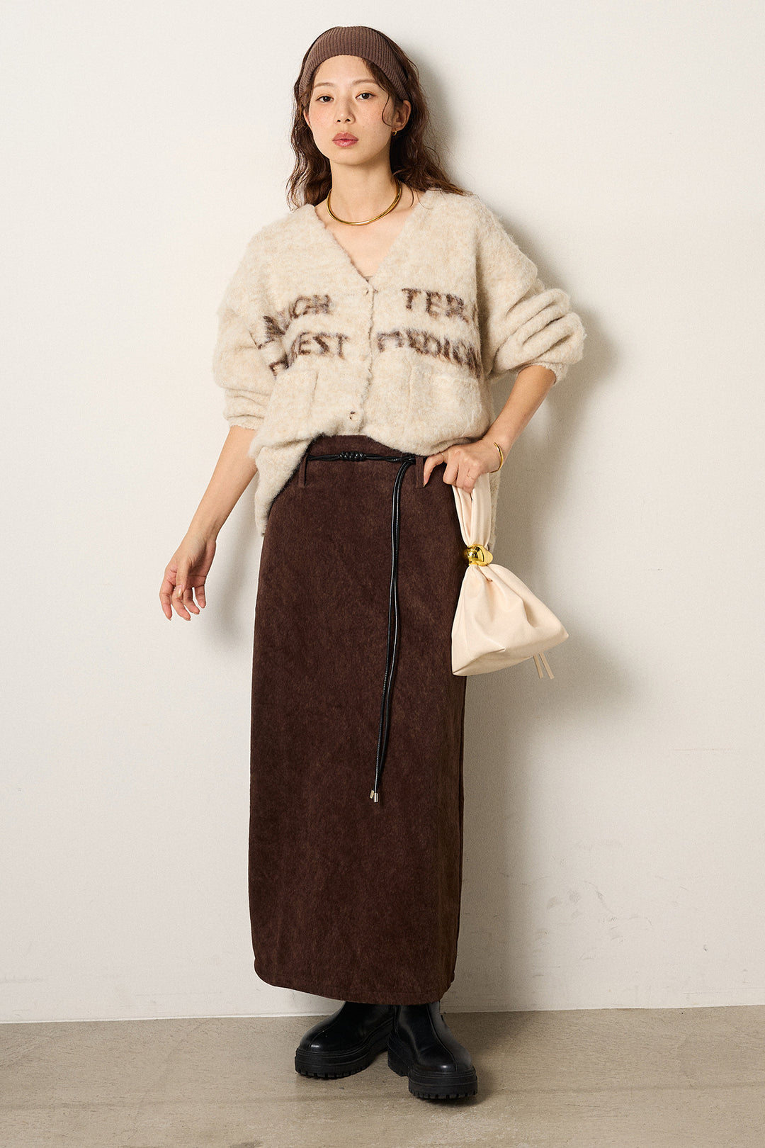 [SET]ウール混透かしロゴニットカーディガン+ロープベルト付きスウェード調スカート(2set)