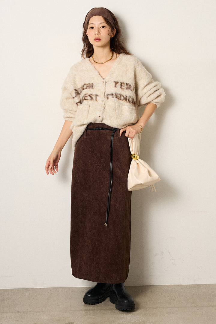 [SET]ウール混透かしロゴニットカーディガン+ロープベルト付きスウェード調スカート(2set)