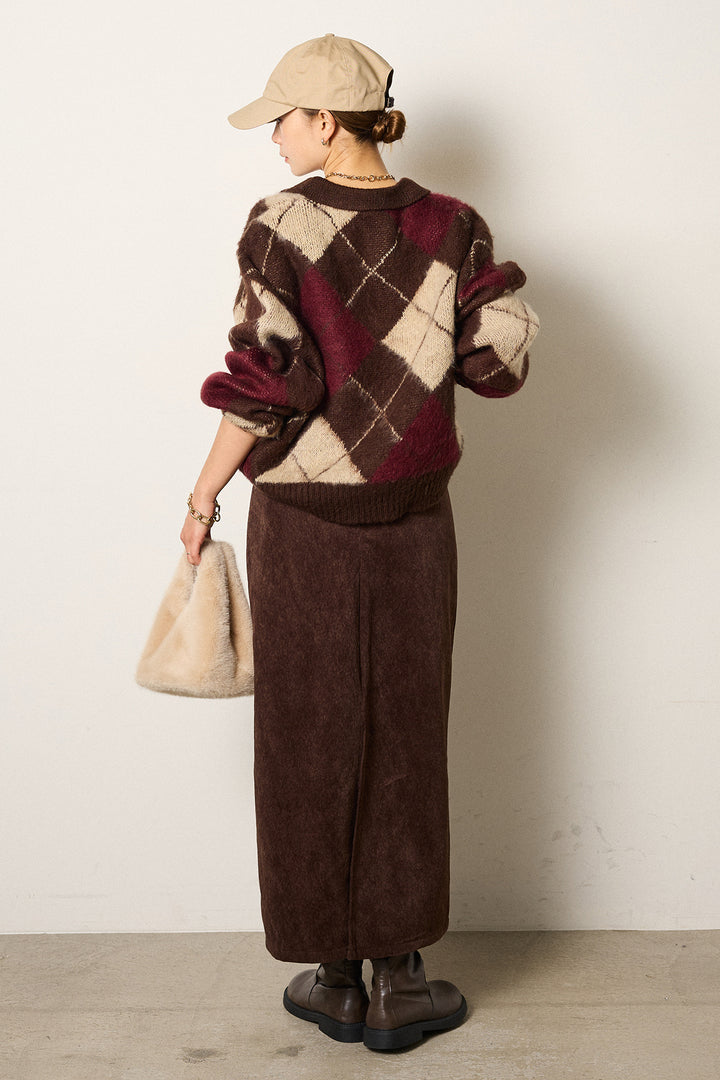 [SET]アクリルモヘアアーガイルキーネックプルオーバー+ロープベルト付きスウェード調スカート(2set)