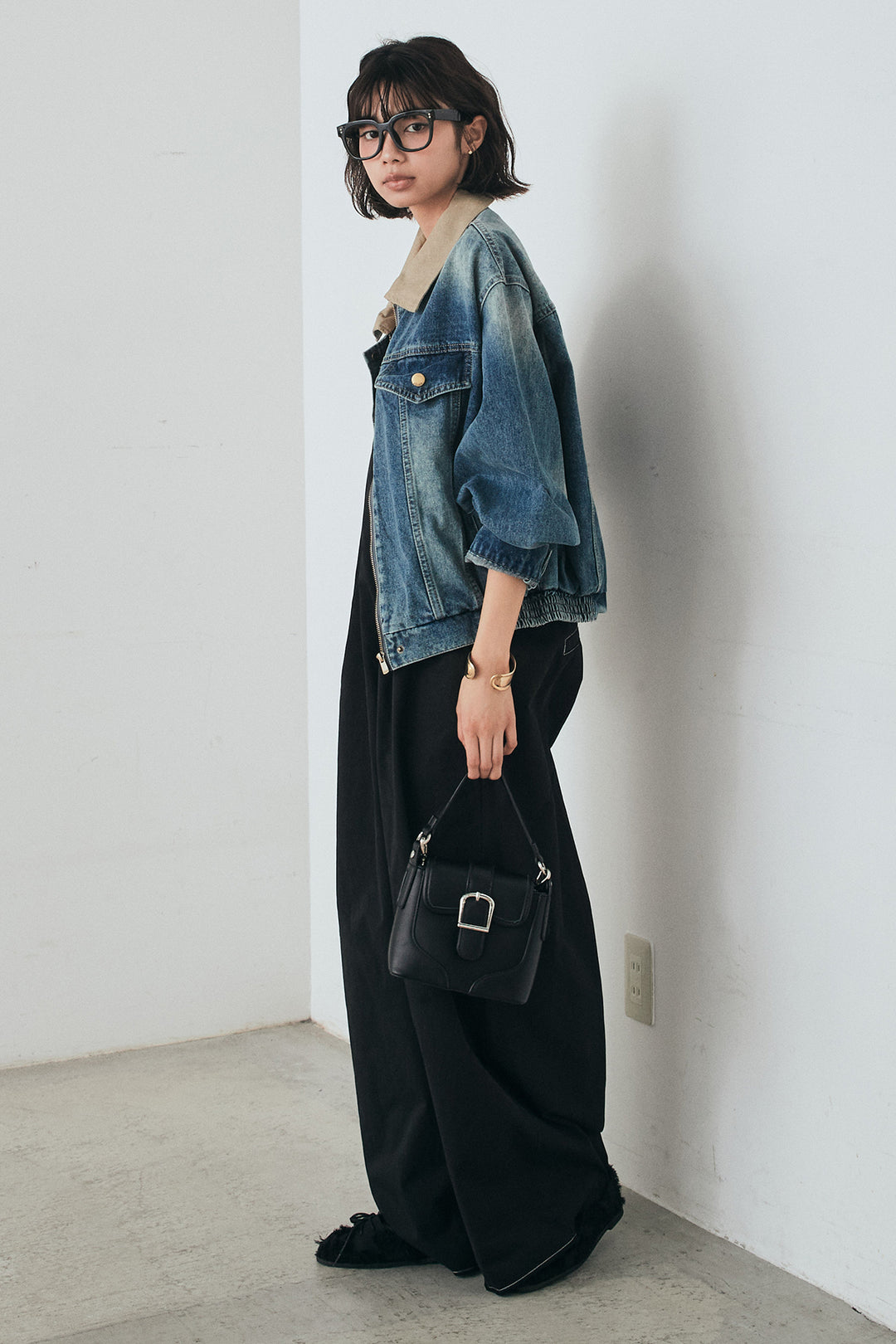 [SET]襟切り替えジップデニムジャケット+綿ツイルアシメサロペット(2set)