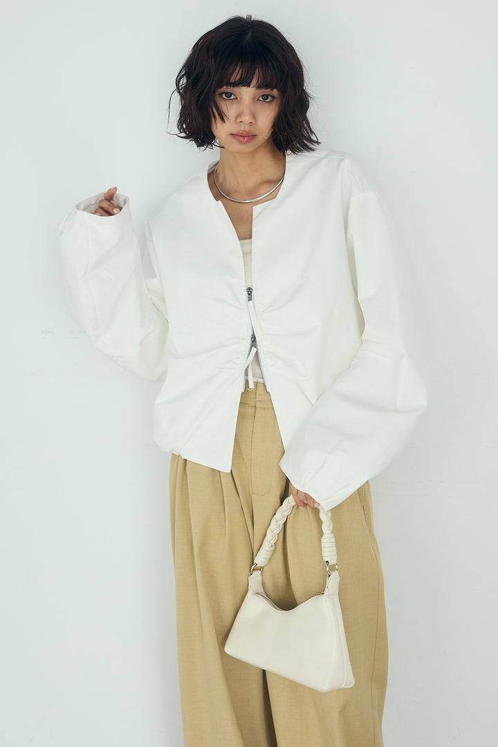 [SET]ノーカラーフロントギャザージップアウター+ツイルメニータックパンツ(2set)