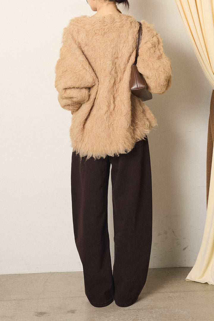 [SET]起毛シャギーニットカーディガン+ベルト付きカジュアルカーブワイドパンツ(2set)