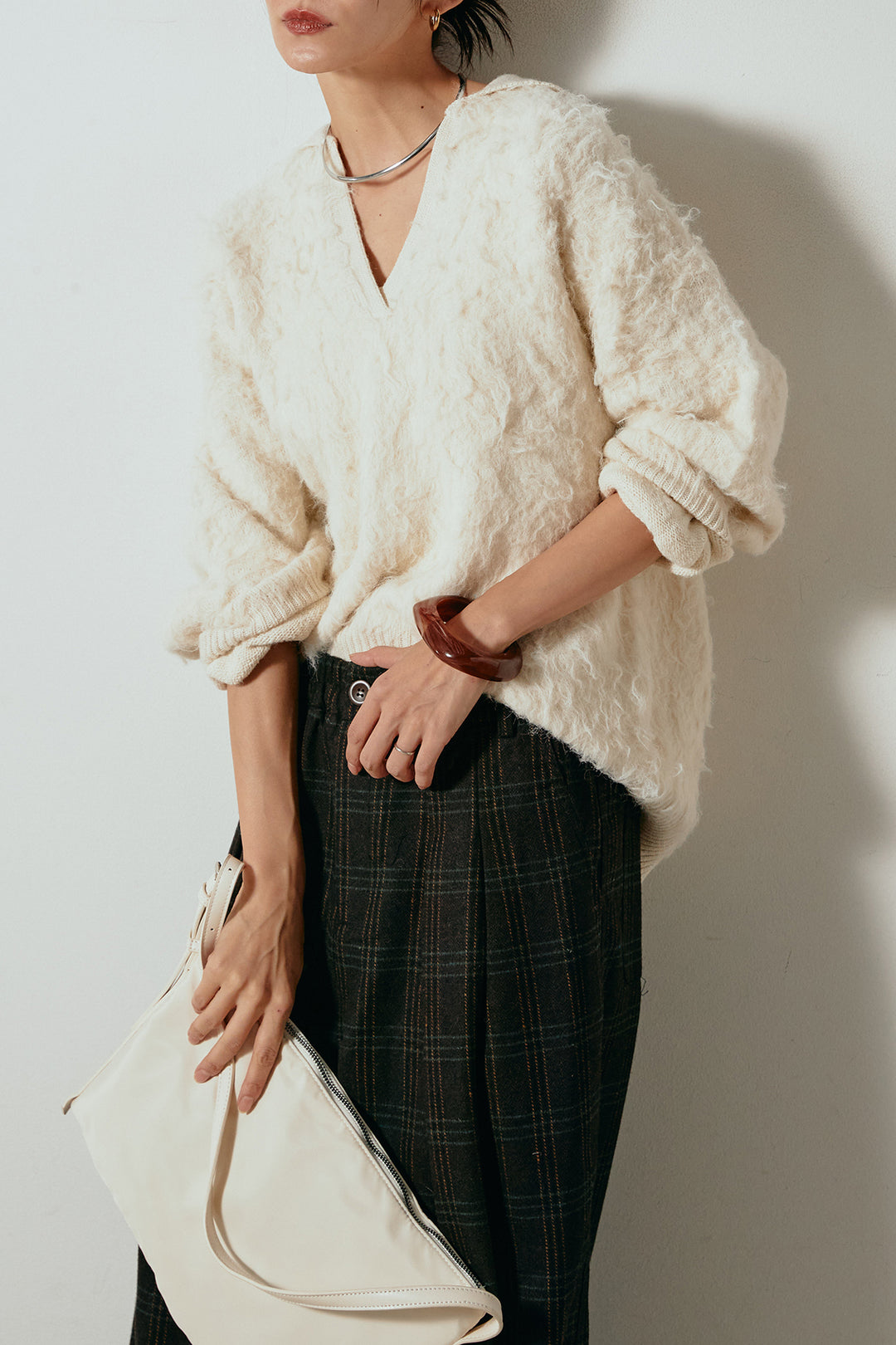 [SET]襟付きシャギーニットポロトップス+タータンチェック柄タックパンツ(2set)