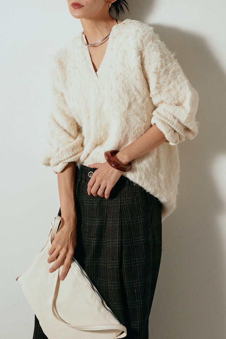 [SET]襟付きシャギーニットポロトップス+タータンチェック柄タックパンツ(2set)