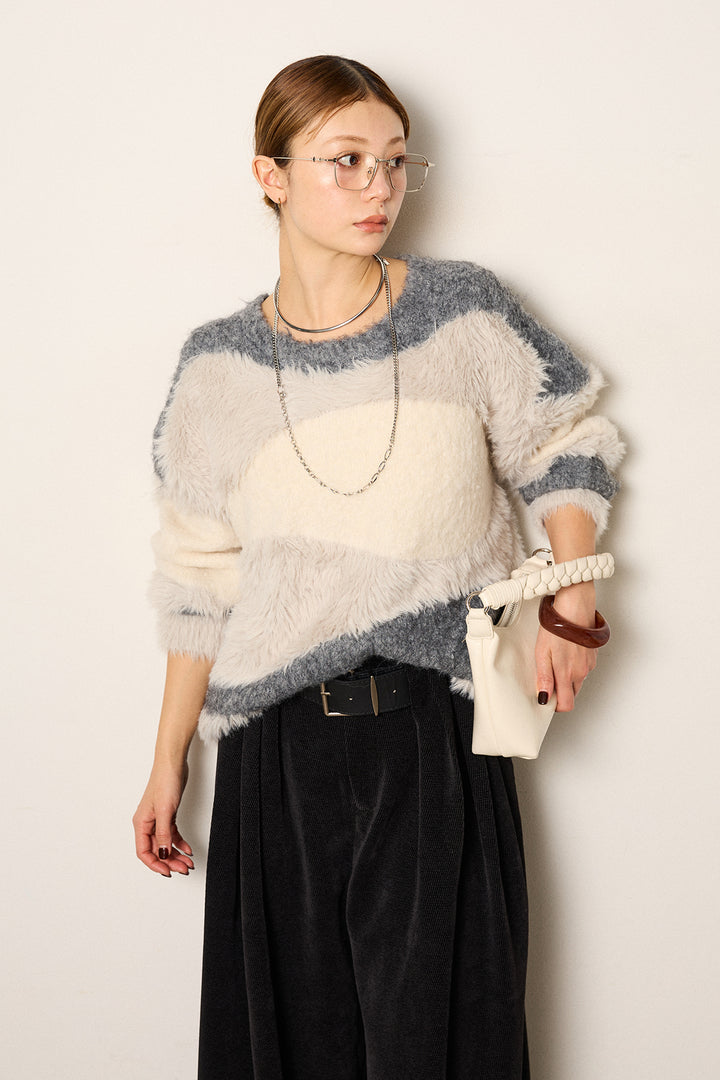 [SET]シャギーウェーブ柄クルーネックニットトップス+ベルトループコーデュロイワイドパンツ(2set)