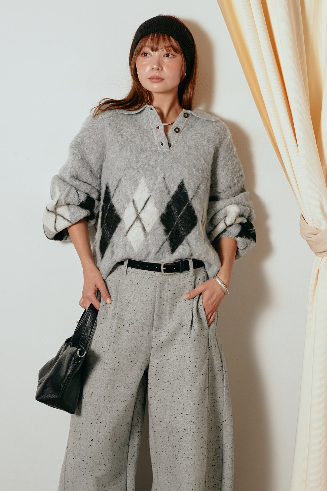 [SET]アーガイル柄ポロニットトップス+ベルト付きネップツイードカーブパンツ(2set)