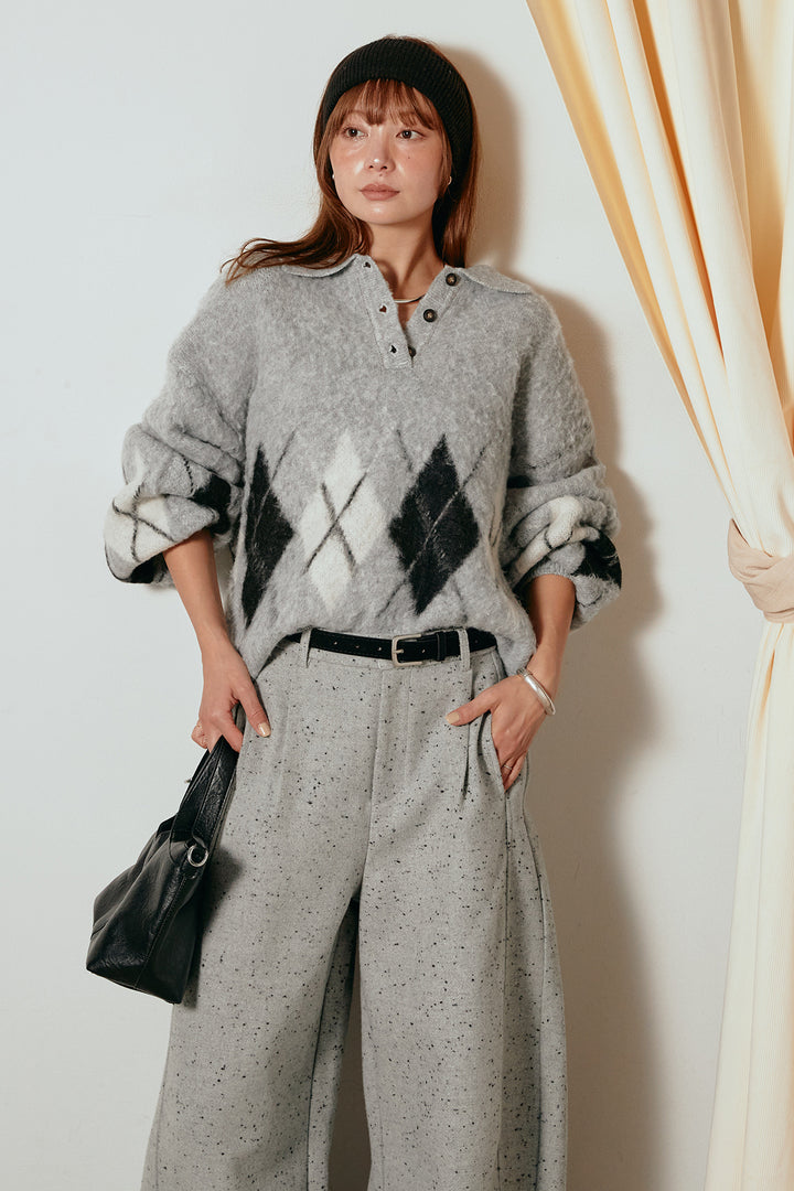 [SET]アーガイル柄ポロニットトップス+ベルト付きネップツイードカーブパンツ(2set)