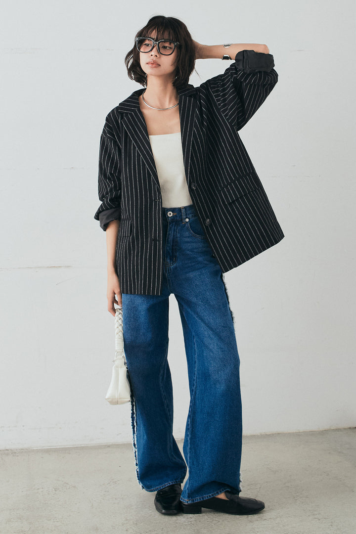 [SET]リネンライクストライプテーラードジャケット+デニムサイドフリルパンツ(2set)