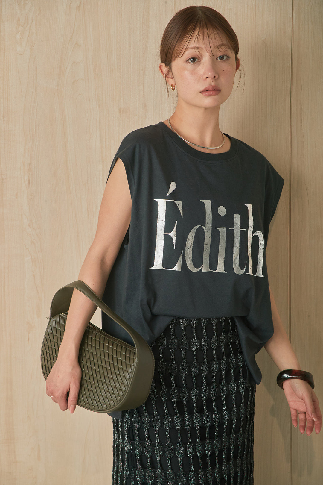 [SET]箔ロゴプリントノースリーブTシャツ+メッシュ編みスカート(2set)