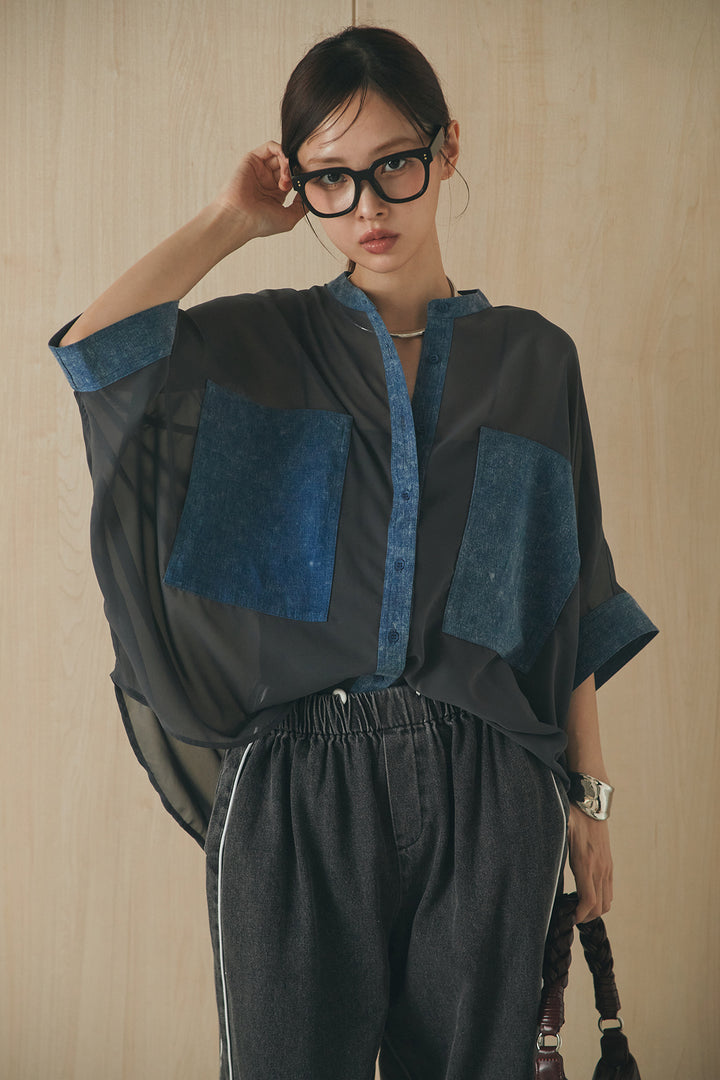 [SET]デニムライクビッグツーポケシアーシャツ+ドロストサイドラインデニムパンツ(2set)