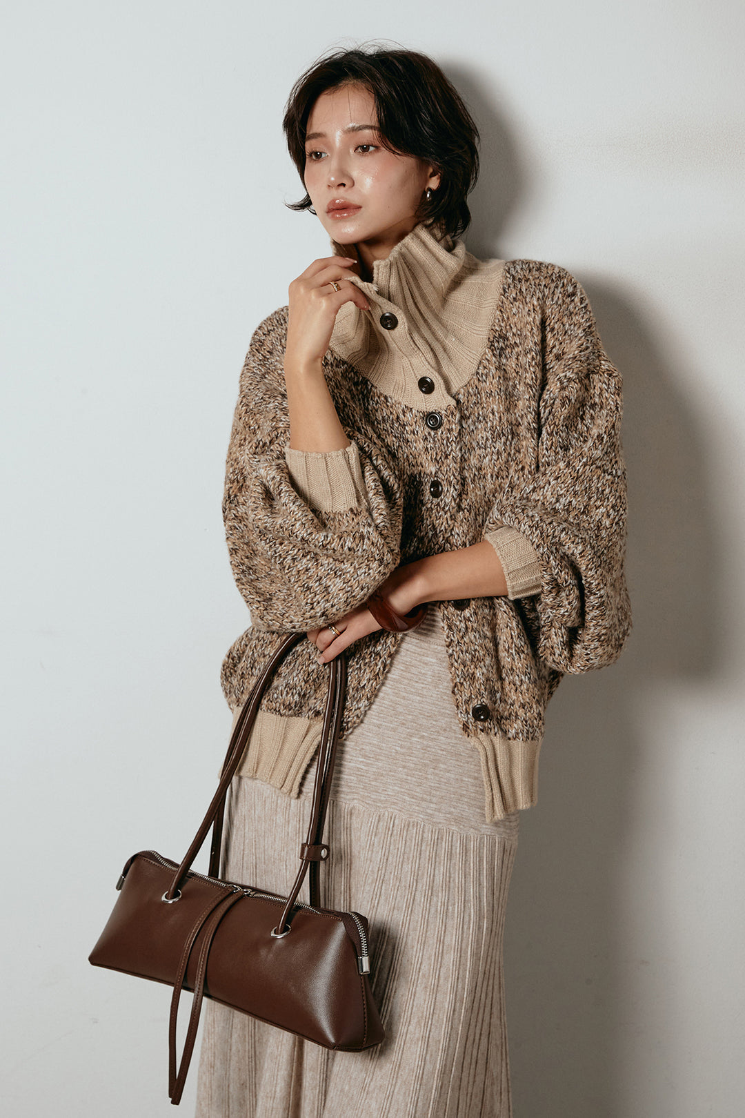 [SET]ハイネックミックスニットカーディガン+編み地切り替えフレアニットスカート(2set)