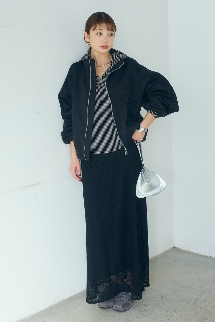 [SET]マルチ切り替えドルマンブルゾン+メッシュ刺繍ロングスカート+ボーダーフーディーロンT(3set)