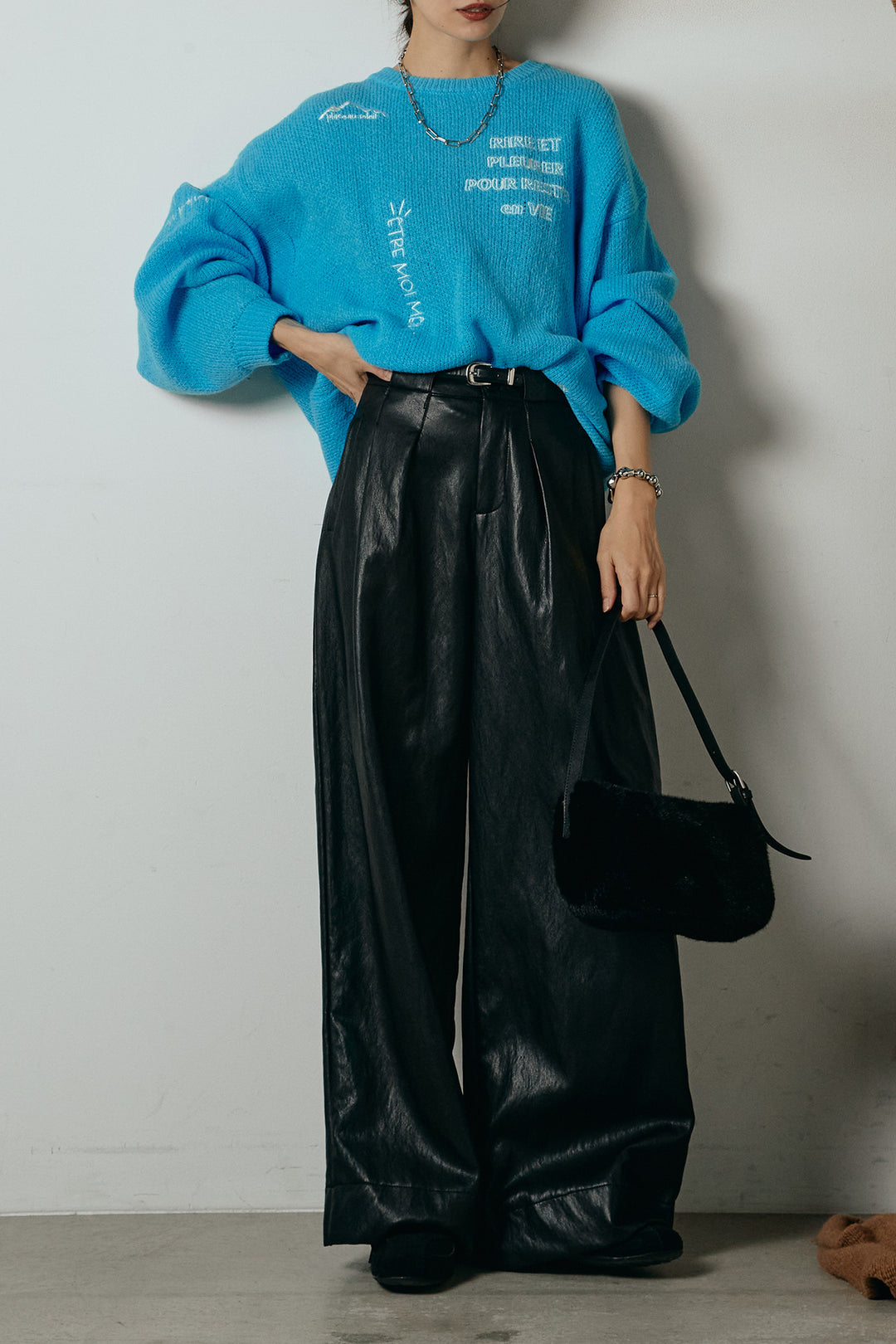 [SET]刺繍ロゴランダムデザインニットトップス+ベルト付きレザーライクタックパンツ(2set)