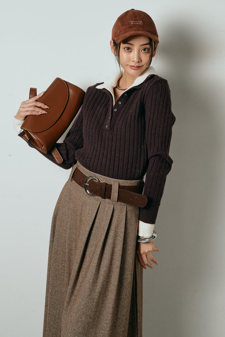 [SET]レイヤード風リブニットトップス+太ベルト付きヘリンボーンプリーツスカート(2set)