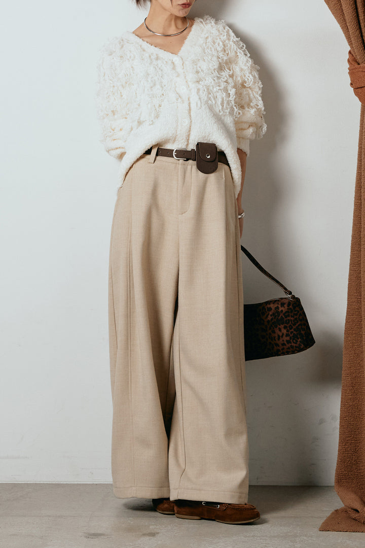 [SET]ループ編みVネックニットカーディガン+ポーチベルト付きカーブパンツ(2set)