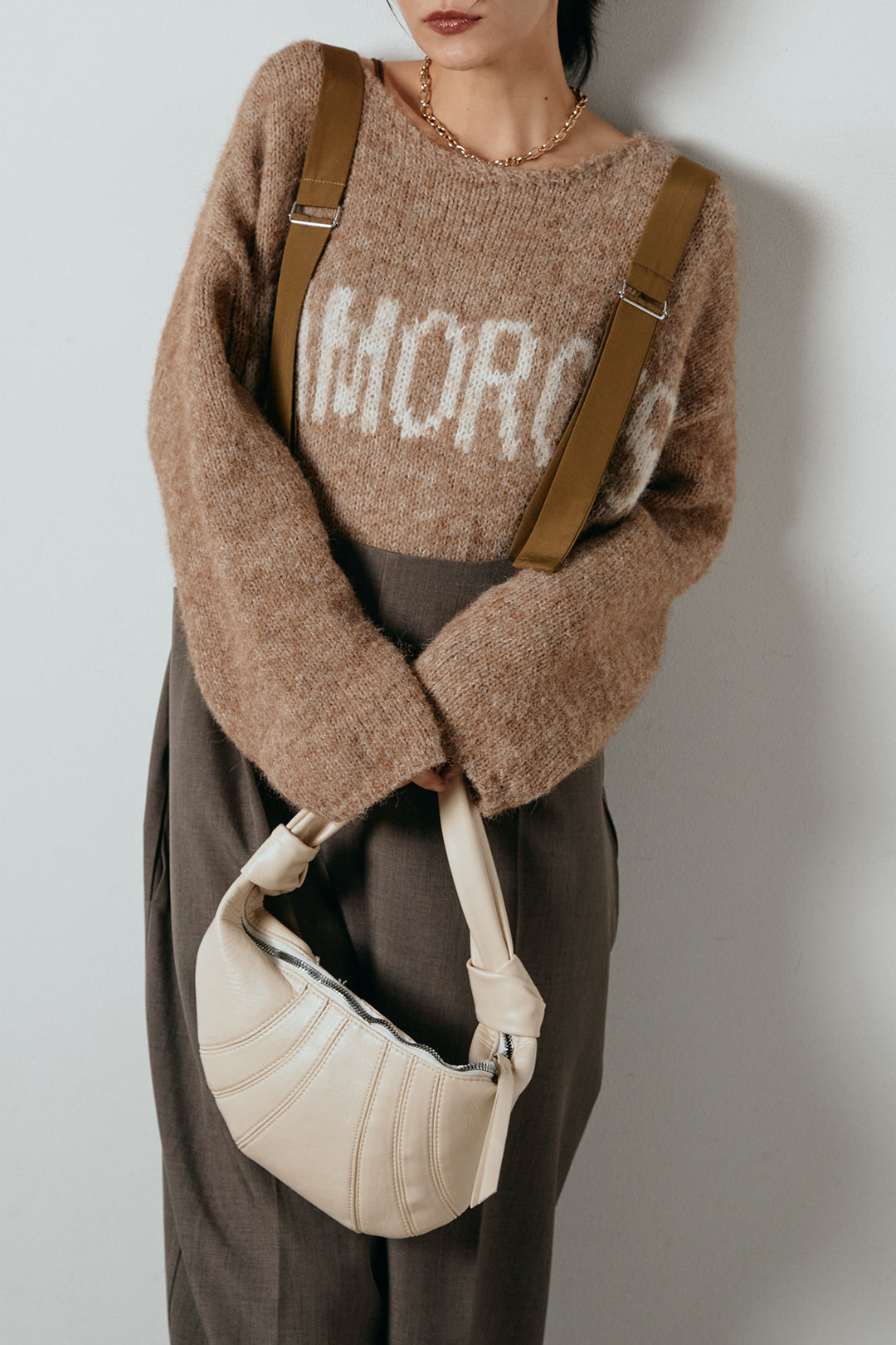 [SET]フロントロゴデザインニットトップス+ワイドツイルサロペット(2set)