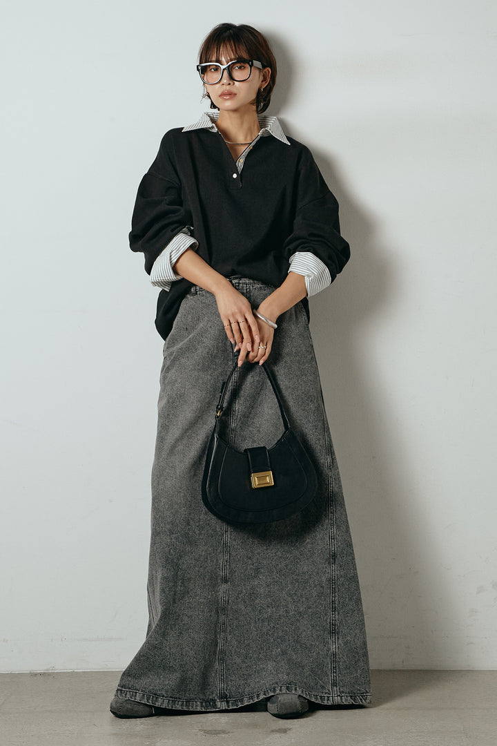 [SET]ストライプシャツドッキングポロトップス+デニムロングフレアスカート(2set)