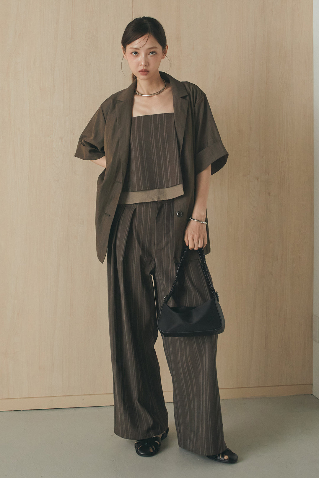 [SET]リネンストライプレイヤードキャミ+リネンストライプタックワイドパンツ(2set)