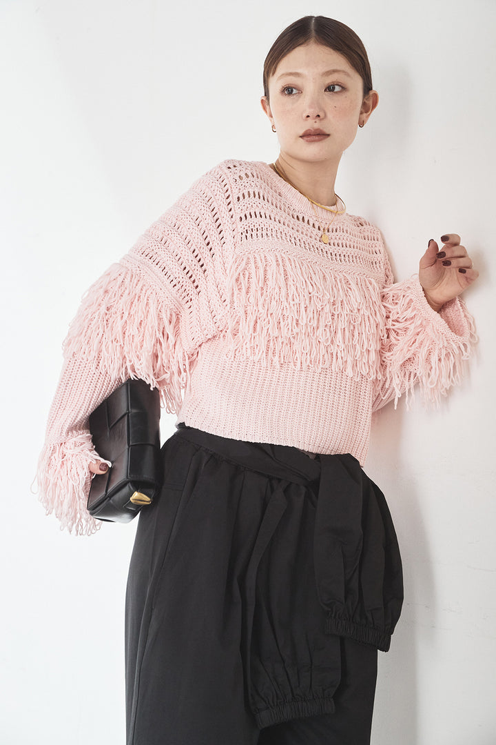 [SET]メッシュフリンジ切り替えプルオーバー+合繊ツイルスタンドウエスト巻きジョガーパンツ(2set)