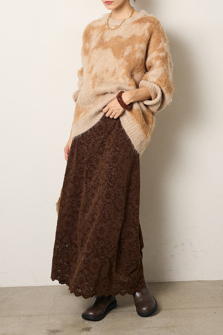 [SET]モヘアタッチマーブルニット+花柄刺繍ベロアフレアスカート(2set)