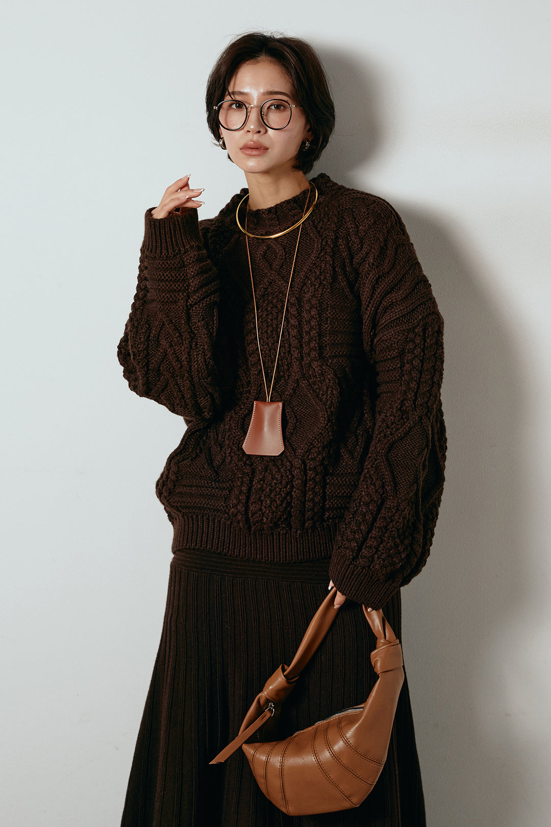 [SET]アラン柄ミックスケーブルニット+編み地切り替えフレアニットスカート(2set)