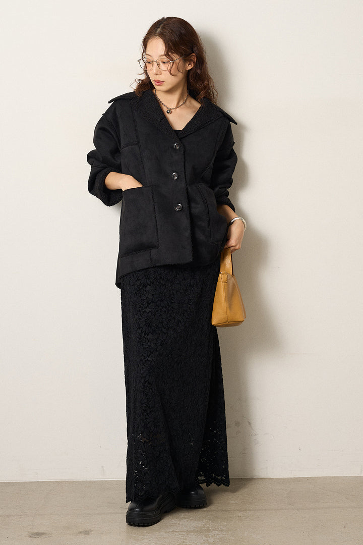 [SET]エコムートンカバーオール+花柄刺繍ベロアフレアスカート(2set)