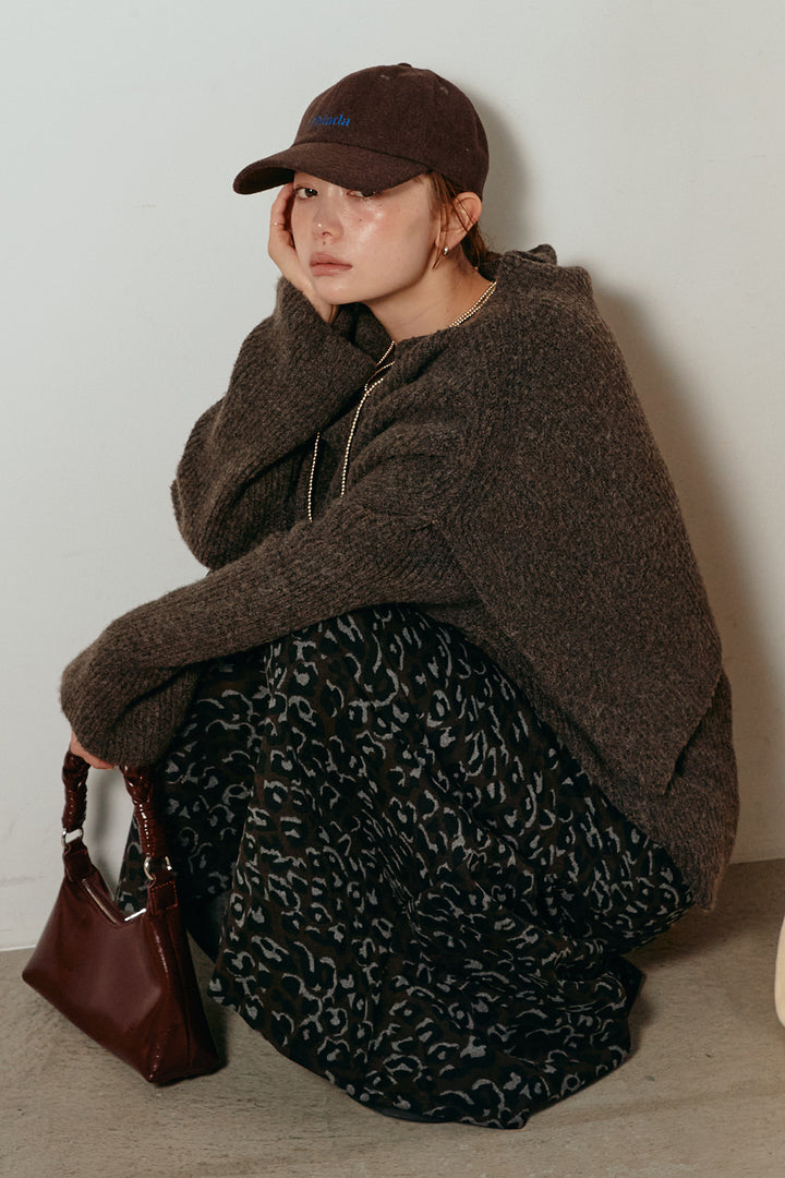 [SET]ケープデザインリブニットトップス+レオパードロングスカート(2set)