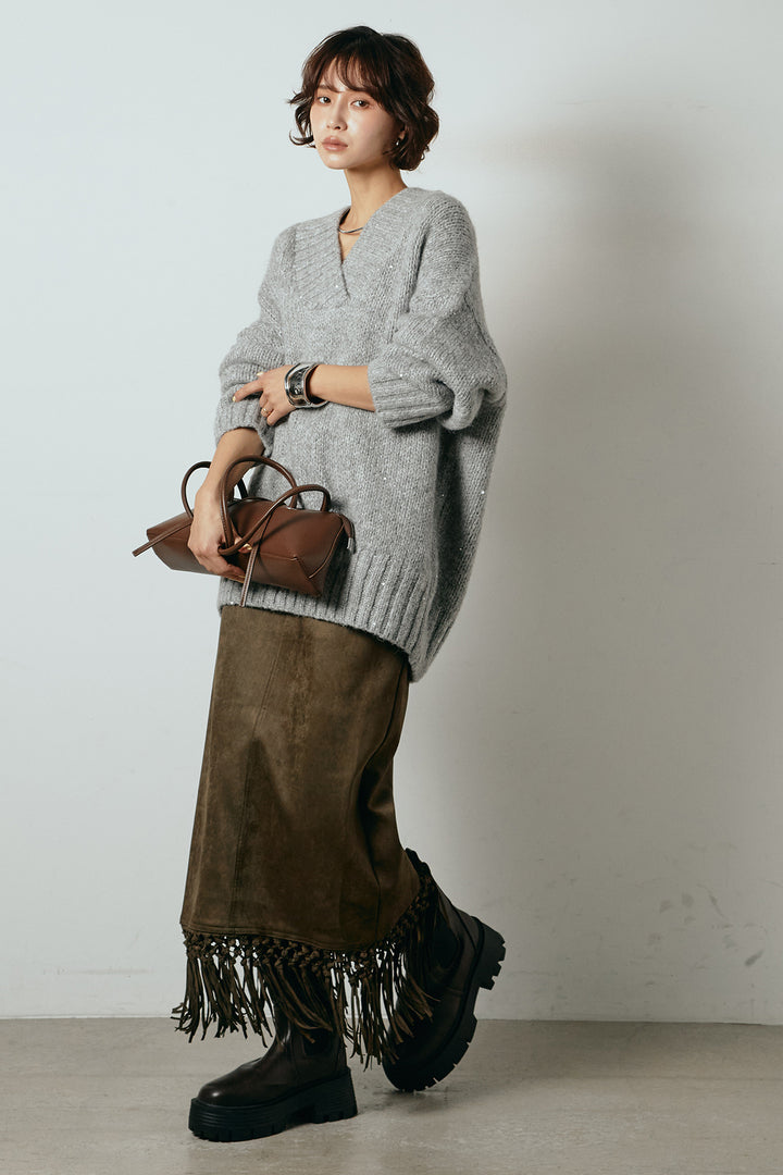 [SET]Vネックラメニットトップス+スウェードライク裾フリンジスカート(2set)