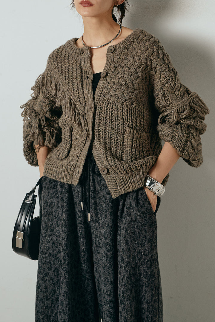 [SET]ランダムフリンジニットカーディガン+リラックスレオパード柄ワイドパンツ(2set)