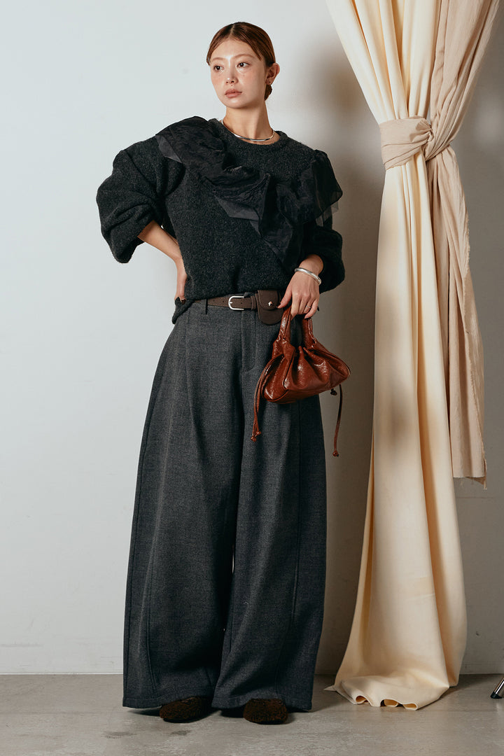 [SET]アシンメトリーフリルニットトップス+ポーチベルト付きカーブパンツ(2set)