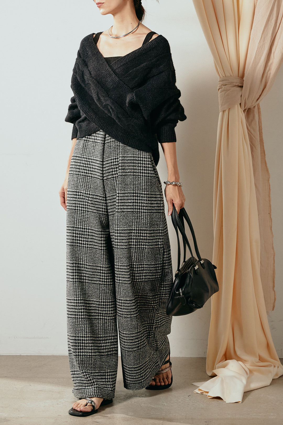 [SET]ケーブルカシュクールニットトップス+前後2wayグレンチェック柄スカーチョサロペット(2set)