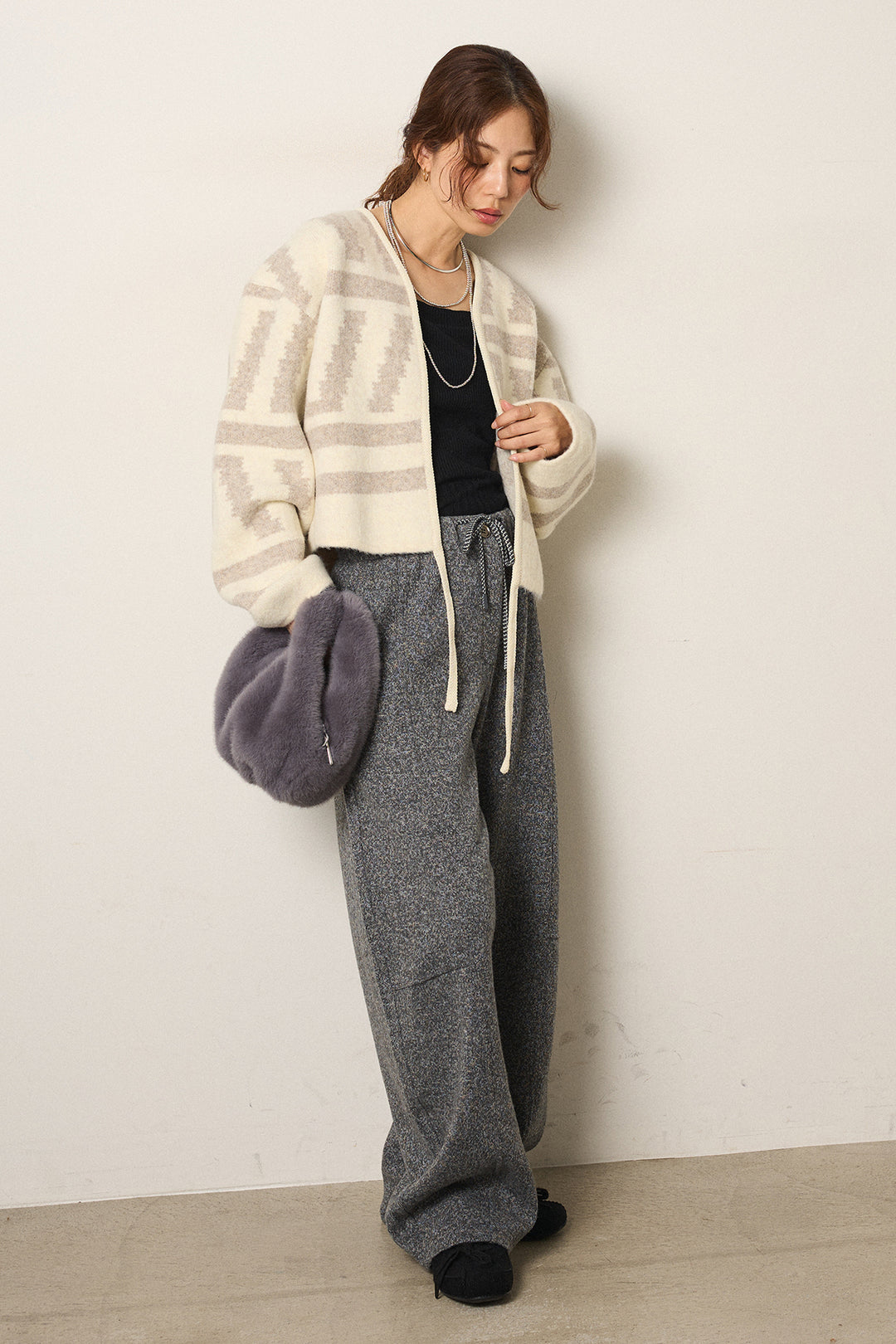 [SET]幾何学柄ノーカラーカーディガン+杢ニットフレアパンツ(2set)