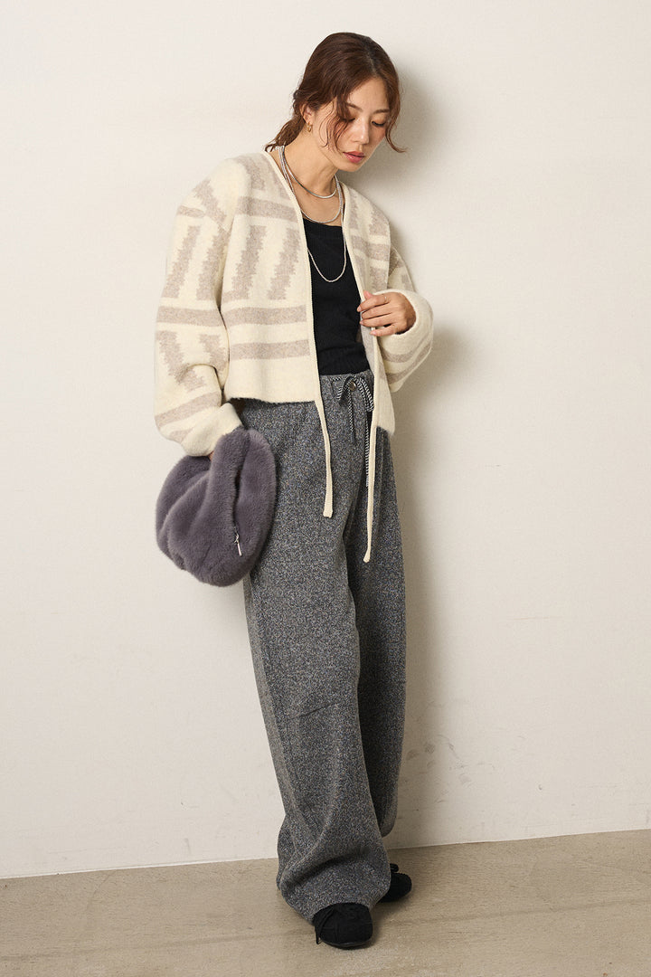 [SET]幾何学柄ノーカラーカーディガン+杢ニットフレアパンツ(2set)
