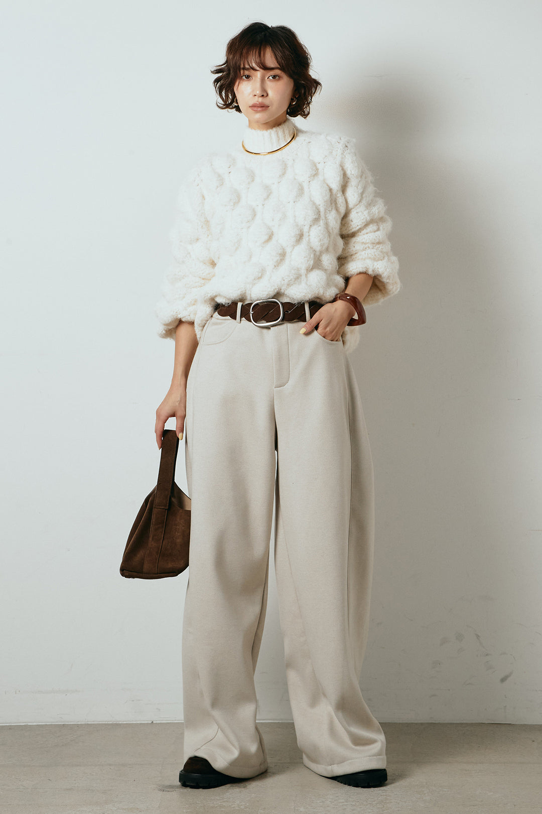 [SET]ボリュームポップコーンニットトップス+編みベルト付きワイドパンツ(2set)
