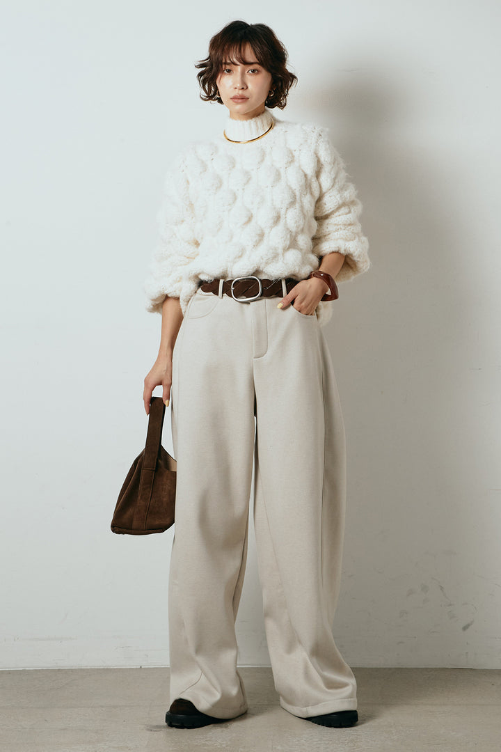 [SET]ボリュームポップコーンニットトップス+編みベルト付きワイドパンツ(2set)