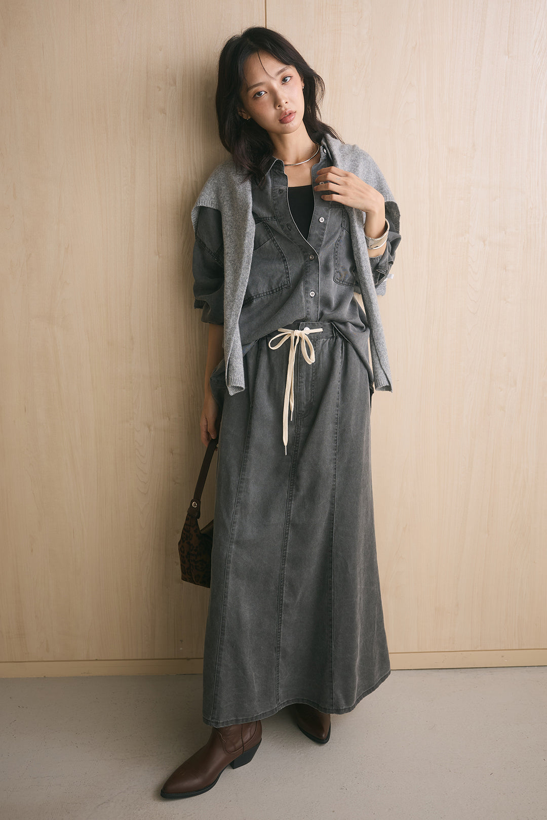 [SET]リヨセルデニムマルチウェイシャツ+リヨセルデニム縦切替フレアマーメイドスカート(2set)