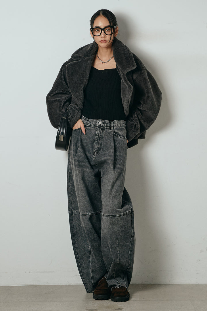 【2月中旬発送】
[SET]テディボアショートジャケット+加工デニムタックコクーンワイドパンツ(2set)
