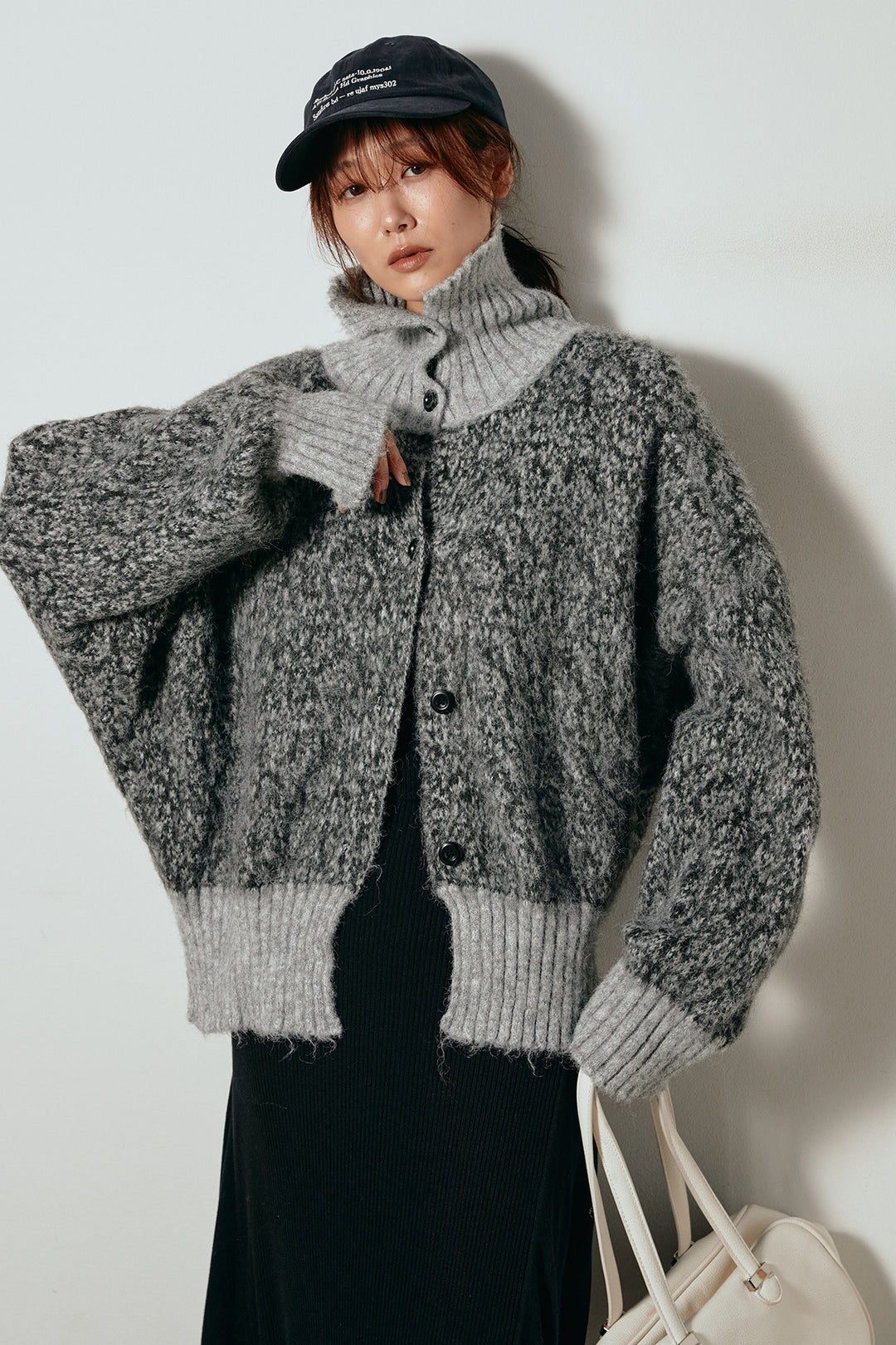 [SET]ハイネックミックスニットトップス+サイド切り替えリブニットロングスカート(2set)