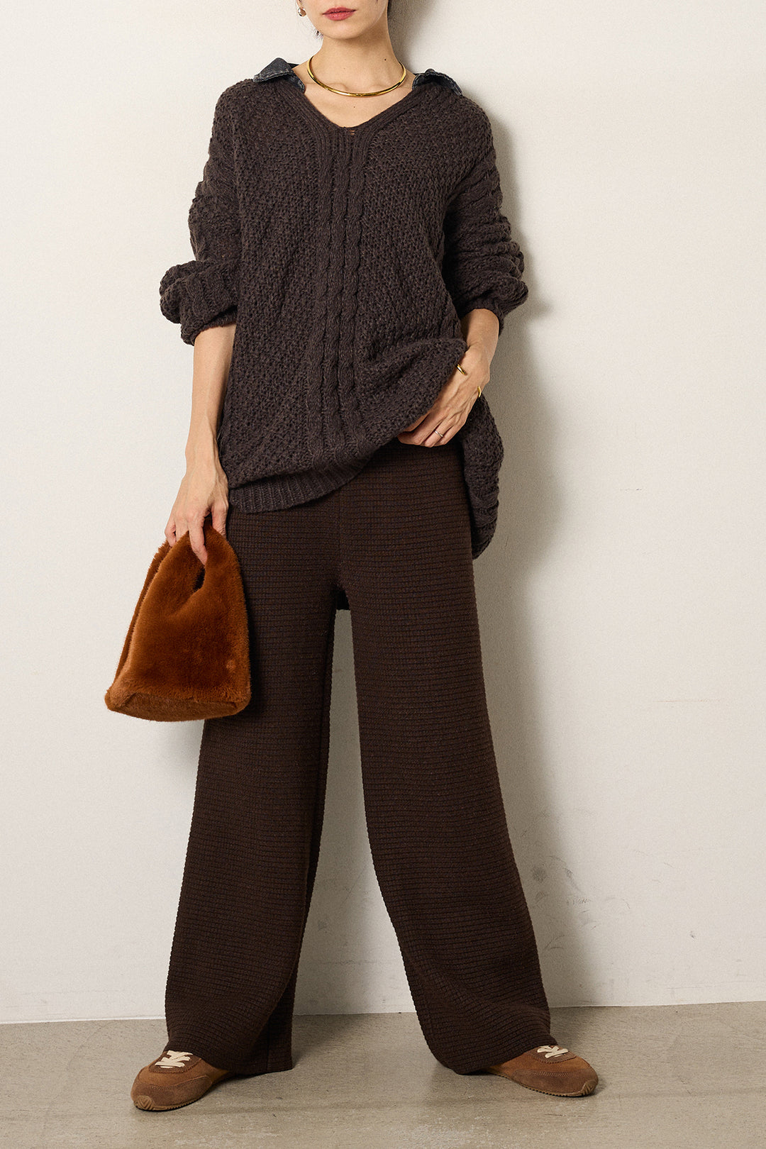 [SET]デニムカラーケーブルオーバーニット+ワイドリブニットイージーパンツ(2set)