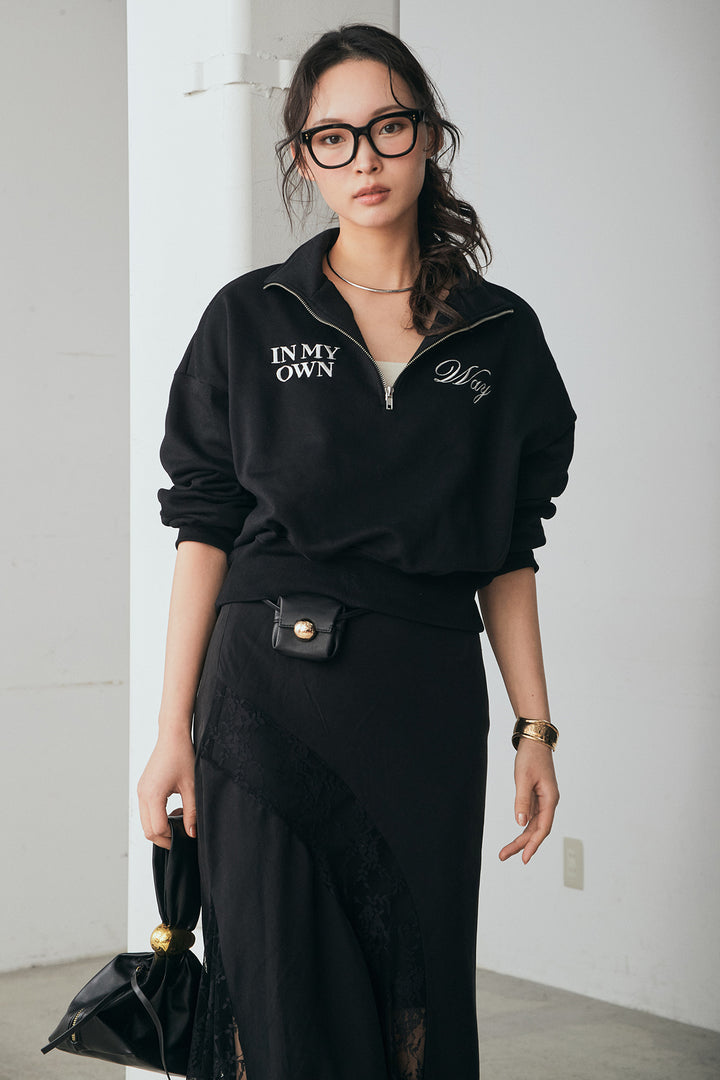 [SET]裏毛ロゴ刺繍ハーフZIPスウェット+刺繍レースデザインサテンスカート(2set)