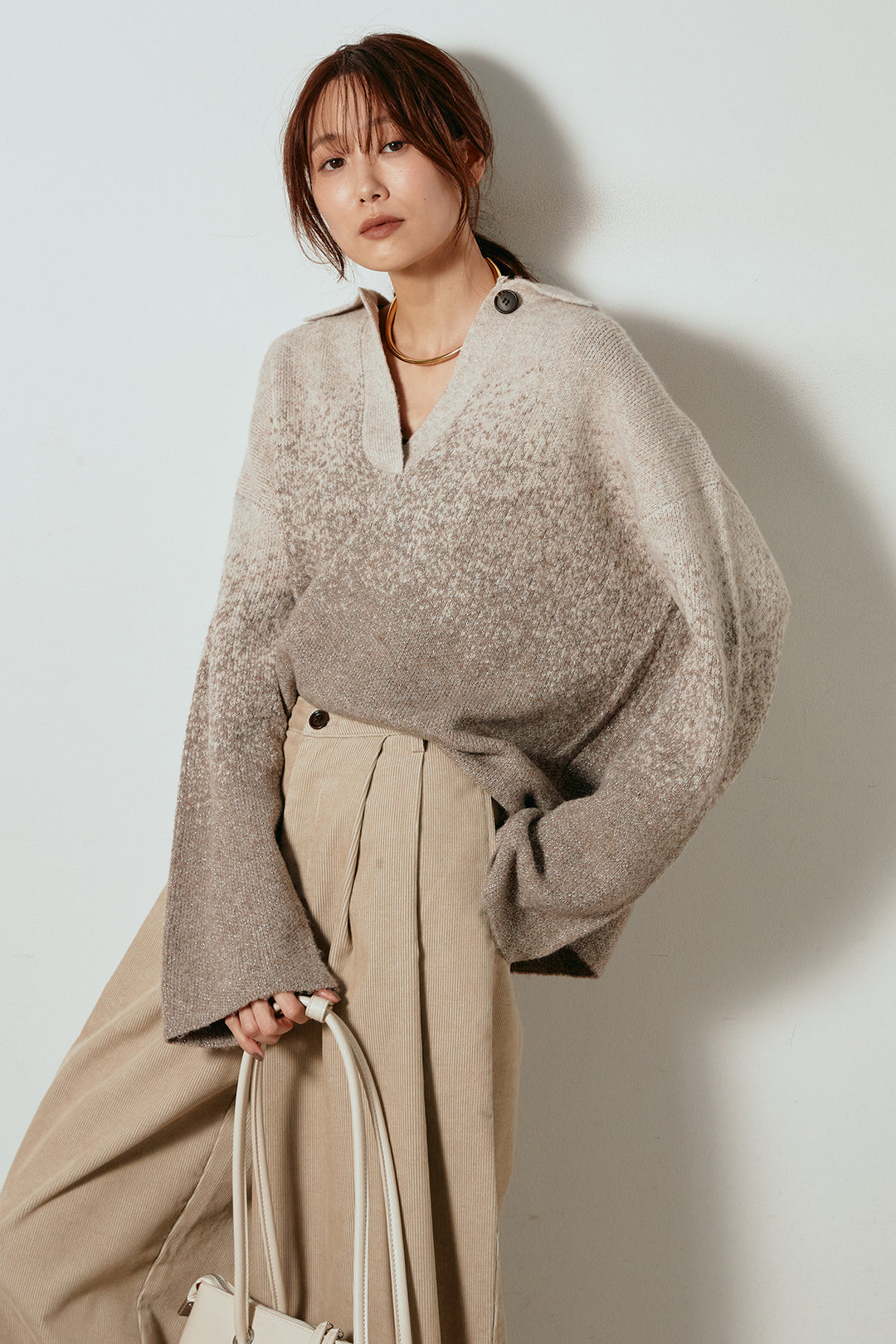 [SET]グラデーションラメニットキーネックプルオーバー+フロントタック入りコーデュロイパンツ(2set)