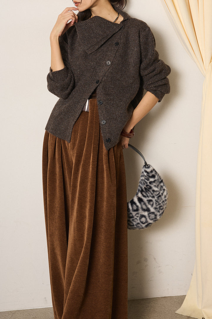 [SET]ボタンデザインネックニットプルオーバー+ベルトループコーデュロイワイドパンツ(2set)