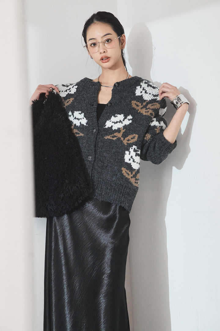 [SET]花柄ジャガードニットカーディガン+裾レースデザインサテンスカート(2set)