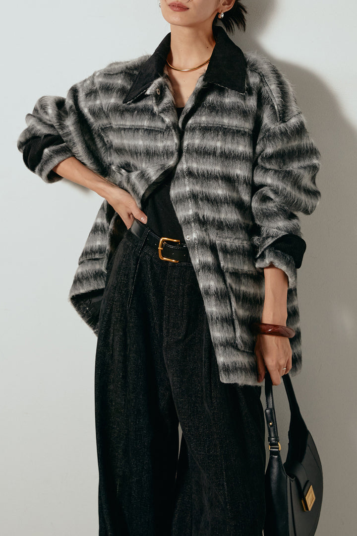 [SET]チェックシャギーミドルカバーオール+フェイクレザーベルト付きスウェードライクワイドパンツ(2set)