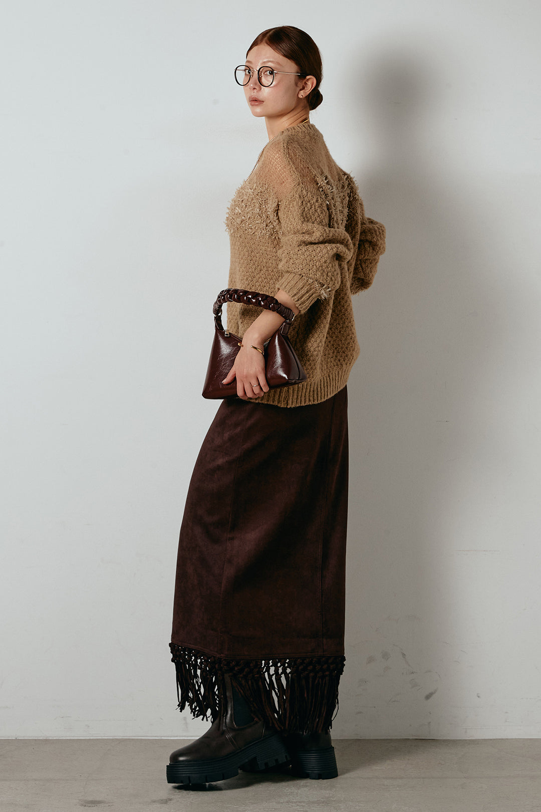 [SET]パターンランダム編みニットトップス+スウェードライク裾フリンジスカート(2set)