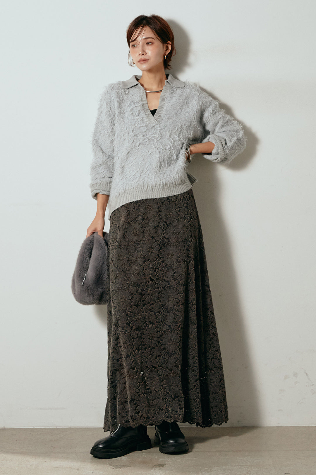 [SET]襟付きシャギーニットポロトップス+花柄刺繍ベロアフレアスカート(2set)