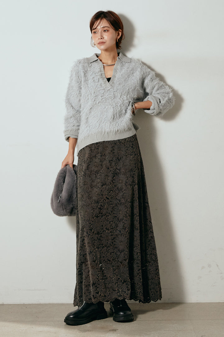 [SET]襟付きシャギーニットポロトップス+花柄刺繍ベロアフレアスカート(2set)