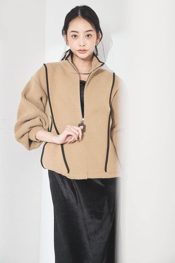 [SET]ハイネックパイピングデザインブルゾン+ベロアバレエネックワンピース(2set)