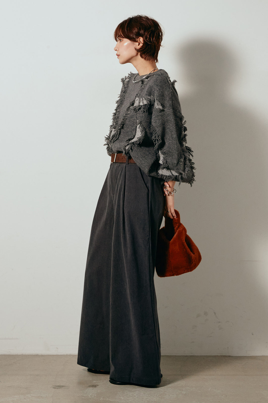 [SET]シャギージャガードニットトップス+太ベルト付きコーデュロイタックパンツ(2set)