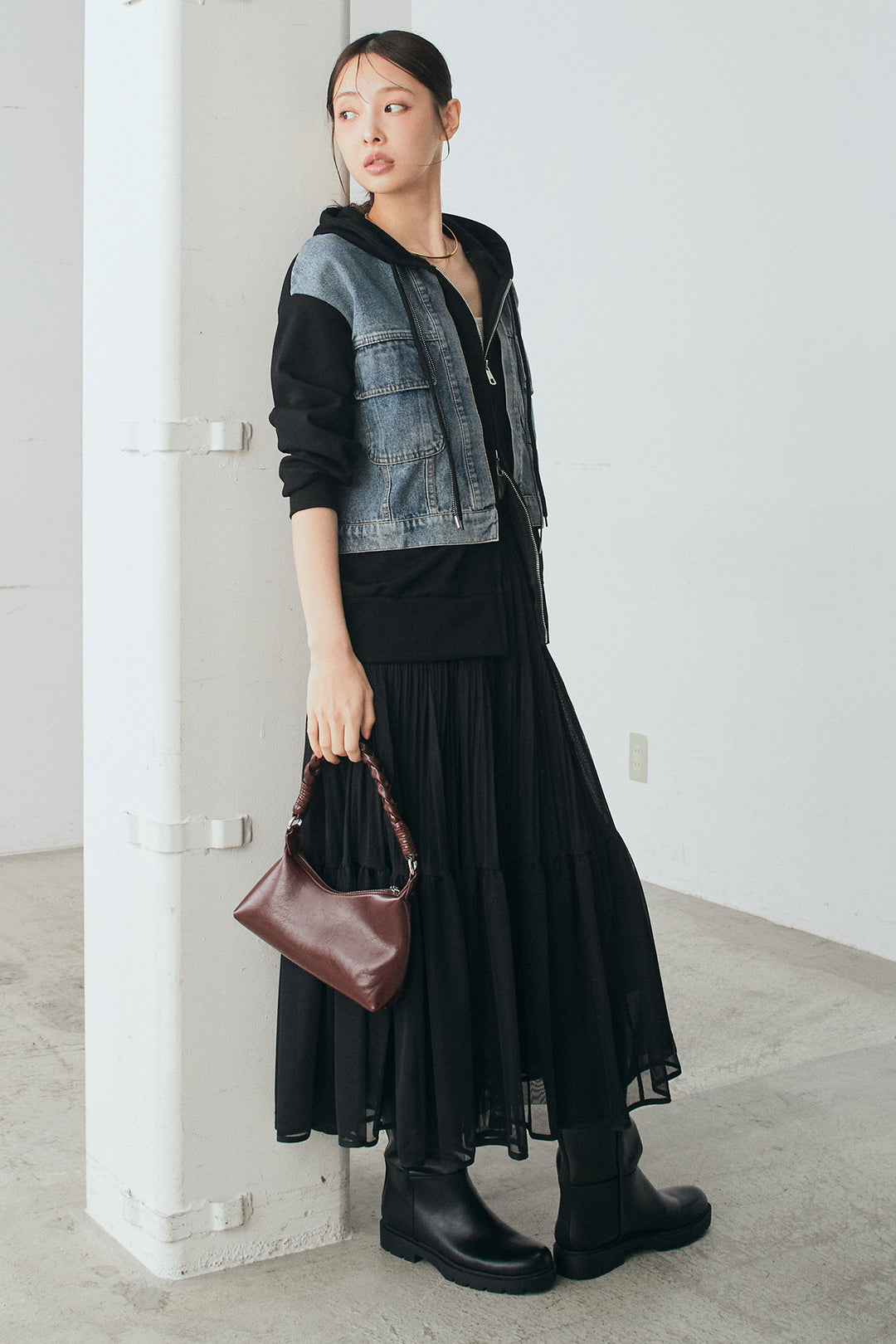 [SET]デニム切替ポンチダブルジップパーカー+ボリュームシルエットチュールスカート(2set)